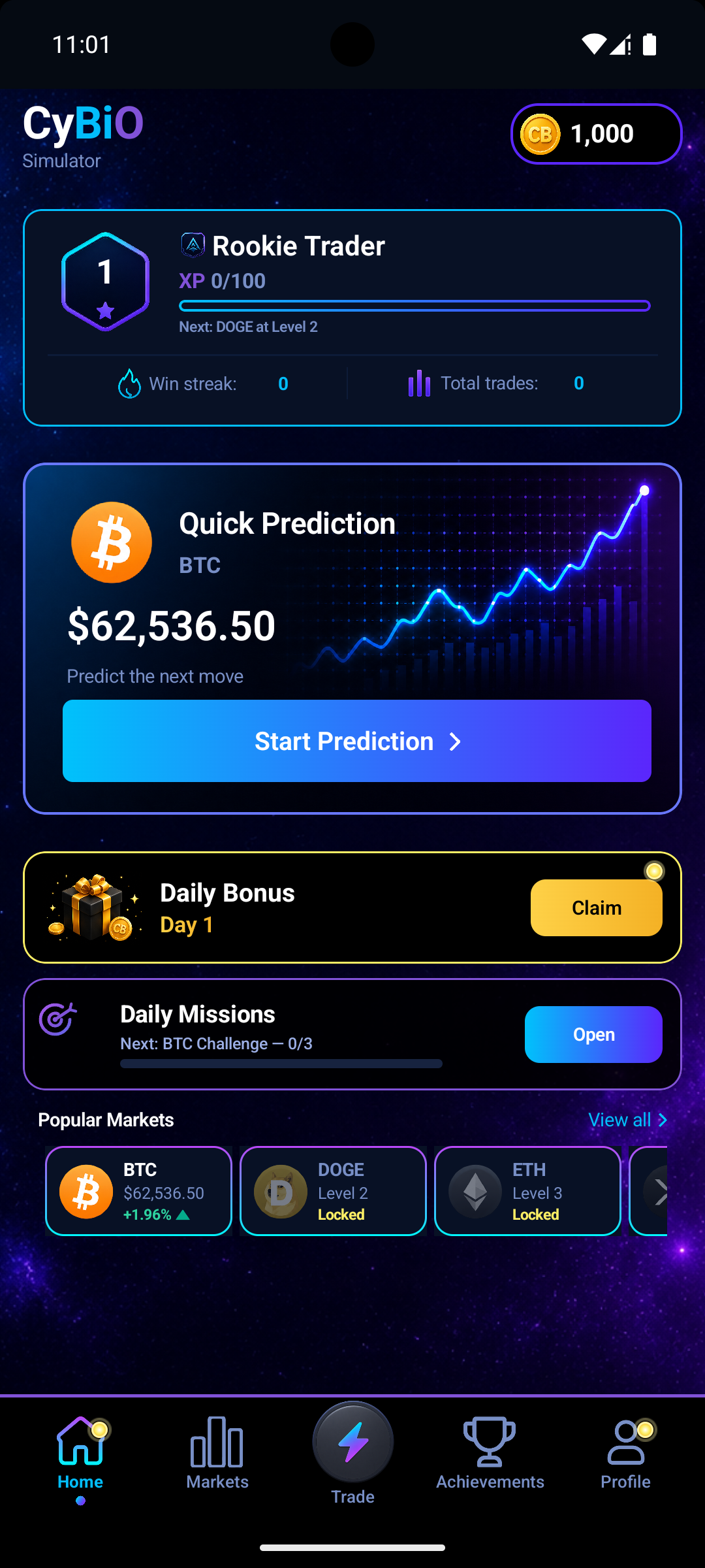 CyBiO home screen showing a quick BTC prediction, daily bonus and markets