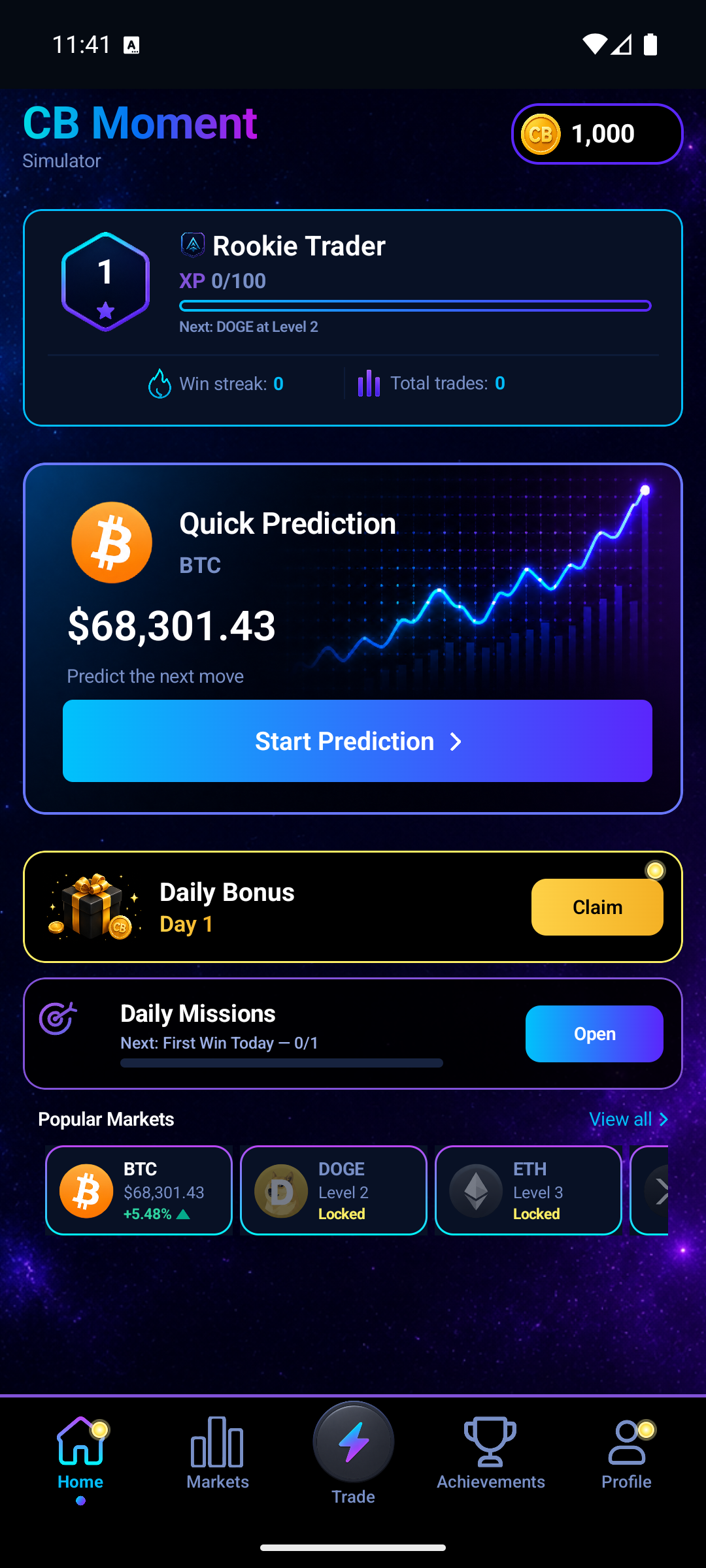 CB Moment home screen showing a quick BTC prediction, daily bonus and markets