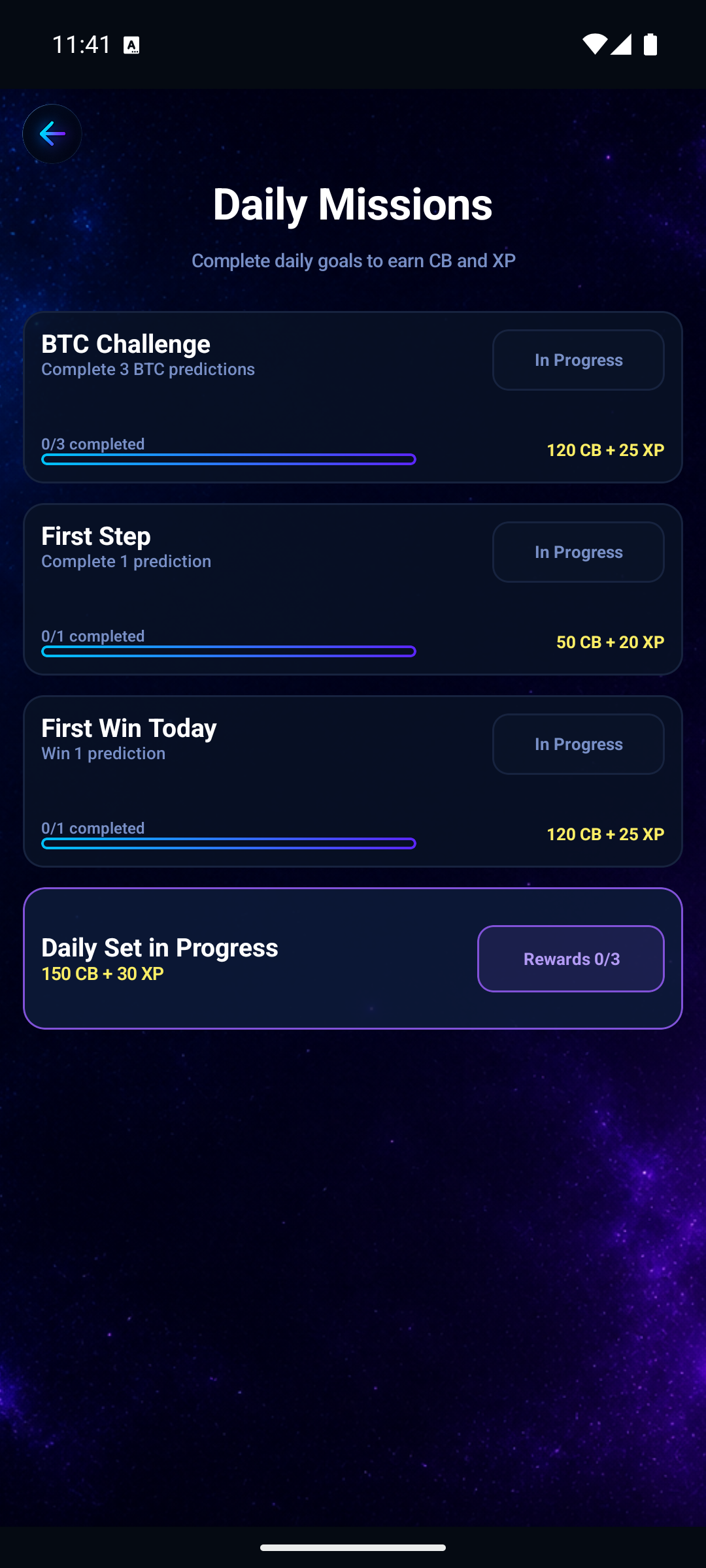 CB Moment daily missions screen showing CB and XP rewards