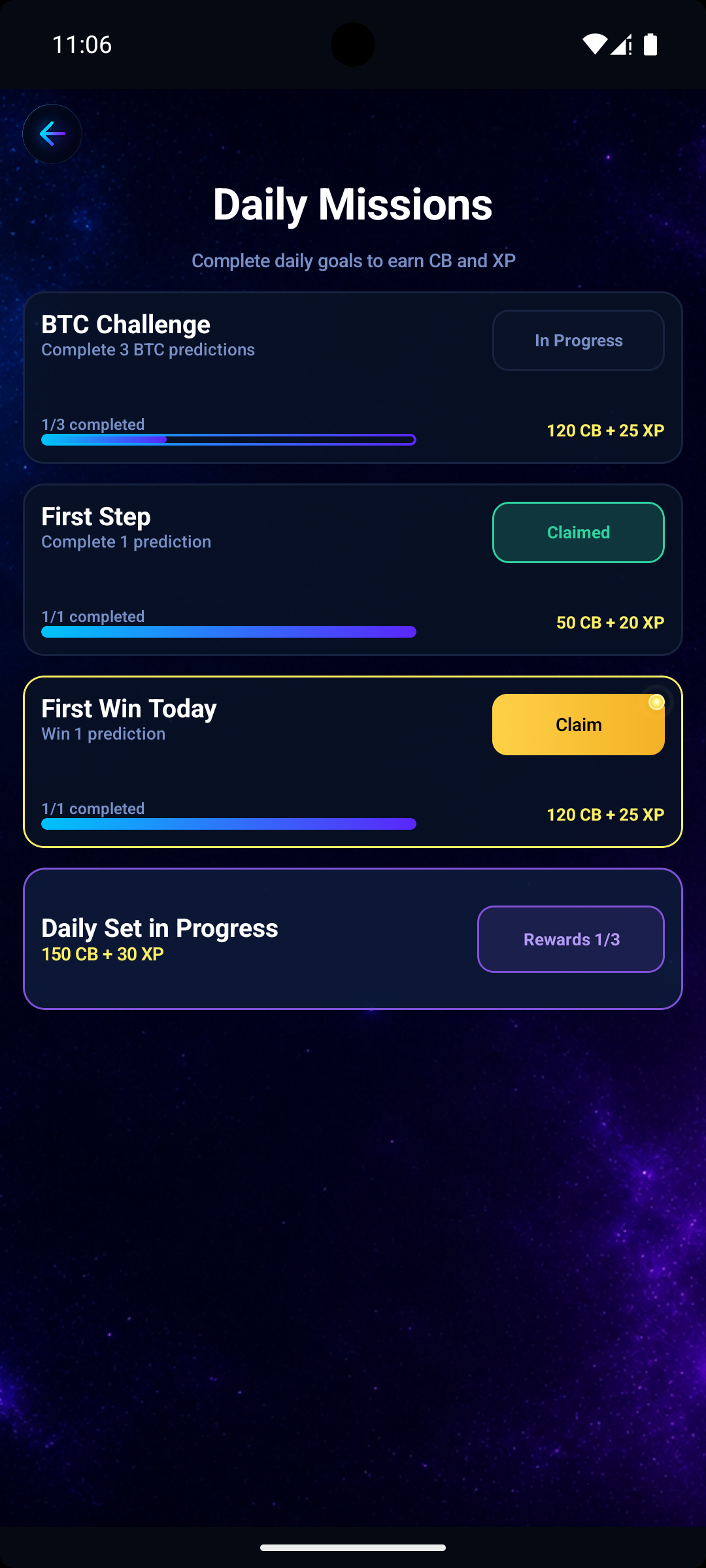 CyBiO daily missions screen showing CB and XP rewards
