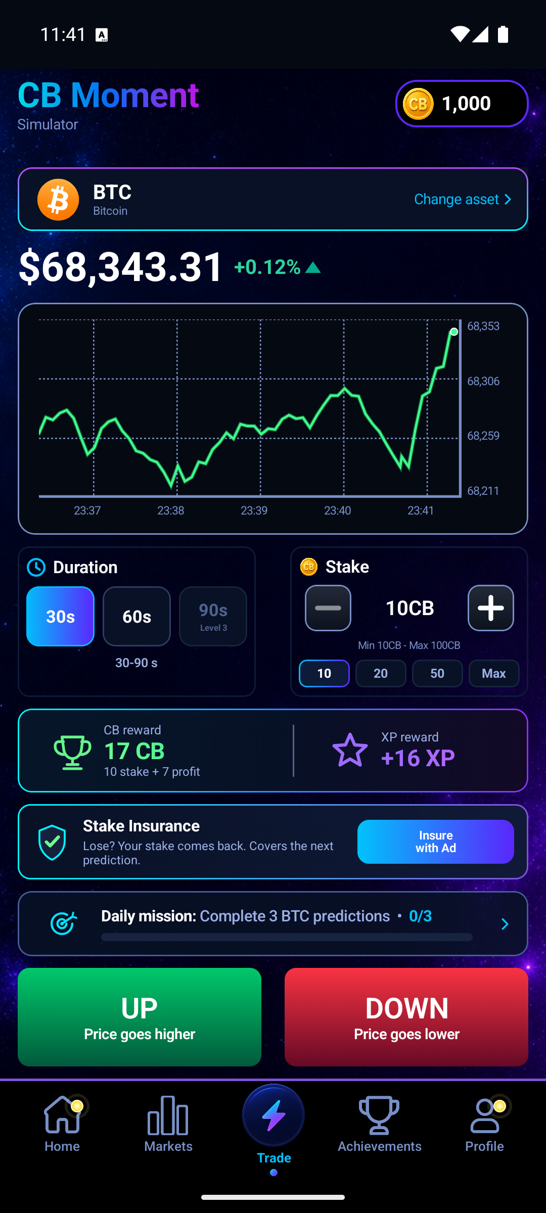 CB Moment trade screen with a BTC chart, duration, stake and UP or DOWN choices